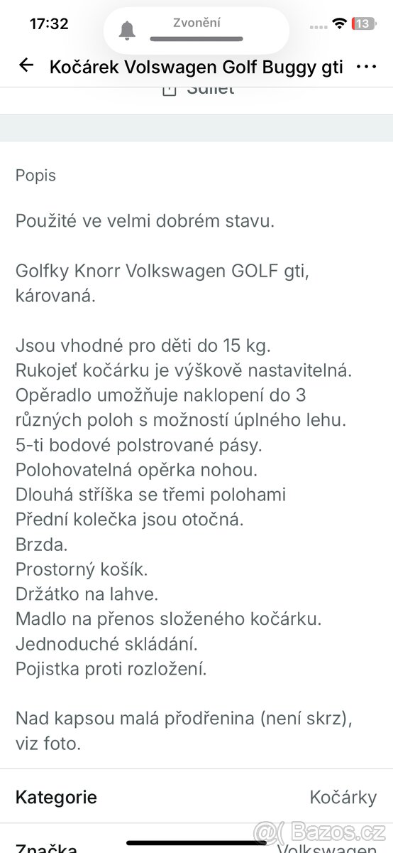Kočárek Volkswagen Golf Buggy gti