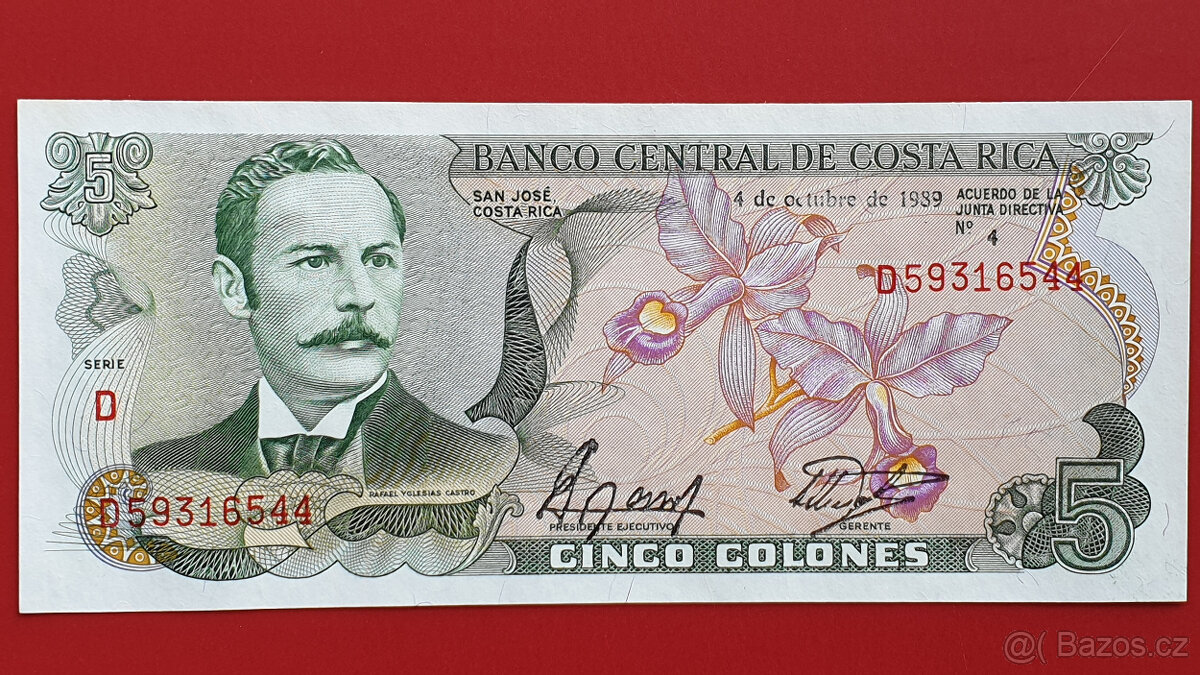 Bankovka KOSTARIKA 5 Colón rok 1989, špičkový stav UNC