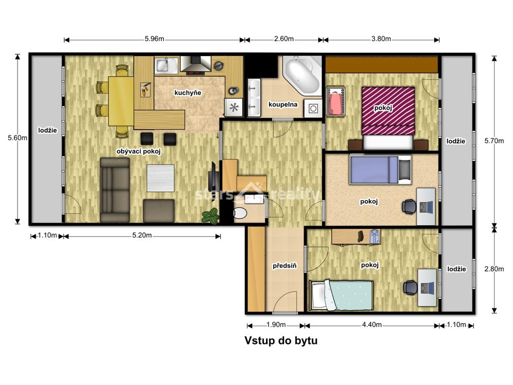 10í9 m2, 4+1, 3 lodžie, 2 x wc, osobní vlastnictví