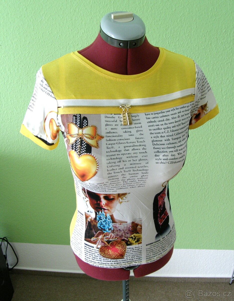 Nové tričko s novinovým potiskem - žluté - S/M