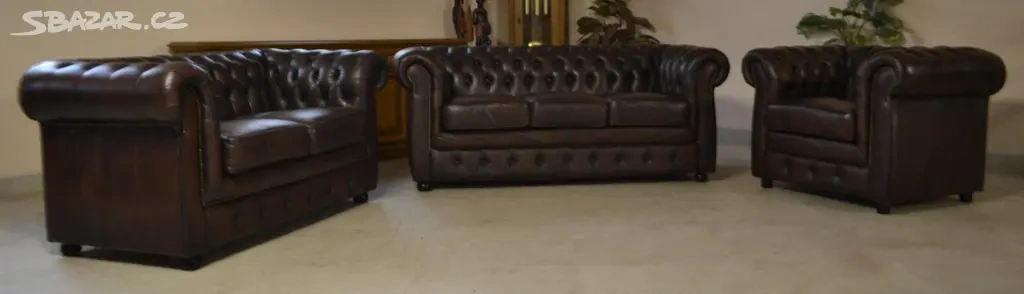 Kožená, Chesterfield sedací souprava 3+2+1. TOP