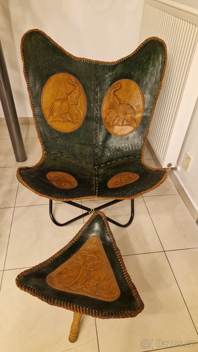 Kožené křeslo Butterfly s podnožkou