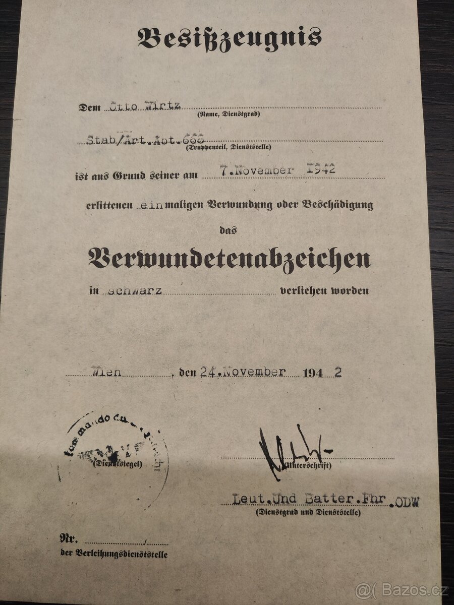 Dekret o udělení Odznaku za zranění, Wehrmacht