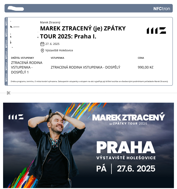 Marek Ztracený 27.6.2025 Praha - vstupenka dospělý 2 ks