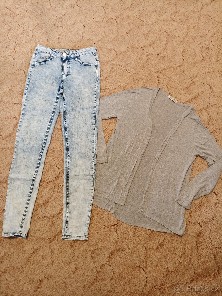 Plísňové úzké džíny, vel.34, šedý cardigan, vel S