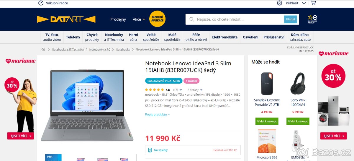 Notebook Lenovo IdeaPad 3 Slim 15IAH8 (83ER007UCK) šedý