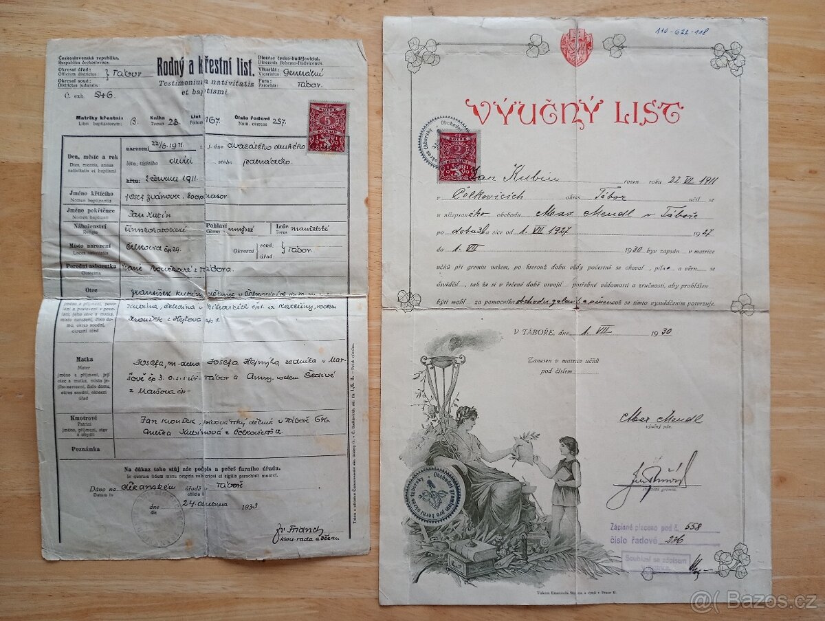 Starý rodný a křestní list a výučný list, r. 1930