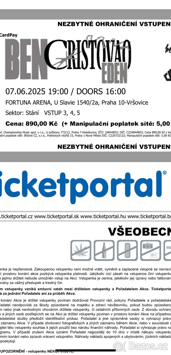Prodám 1 lístek Ben Cristovao 7.6.2025