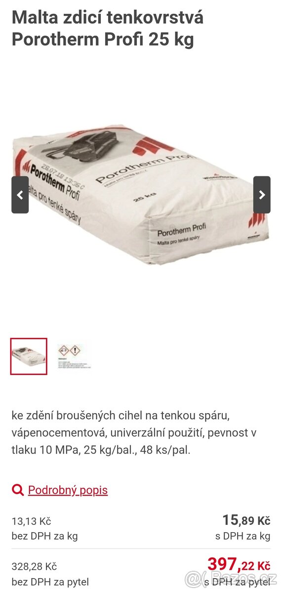 Tenkovrstvá zdící malta Porotherm profi 25kg