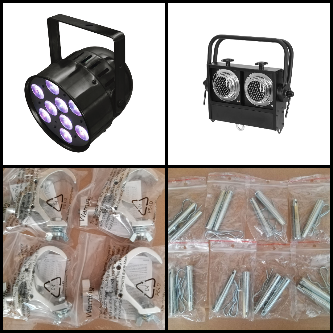 Rozprodej nepoužitých věcí: LED PAR 9x10 HCL, Blinder, Háky