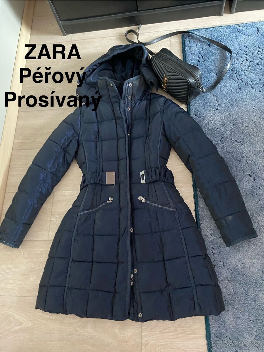 Zara perova prosivana bunda dlouhý kabat modra 36