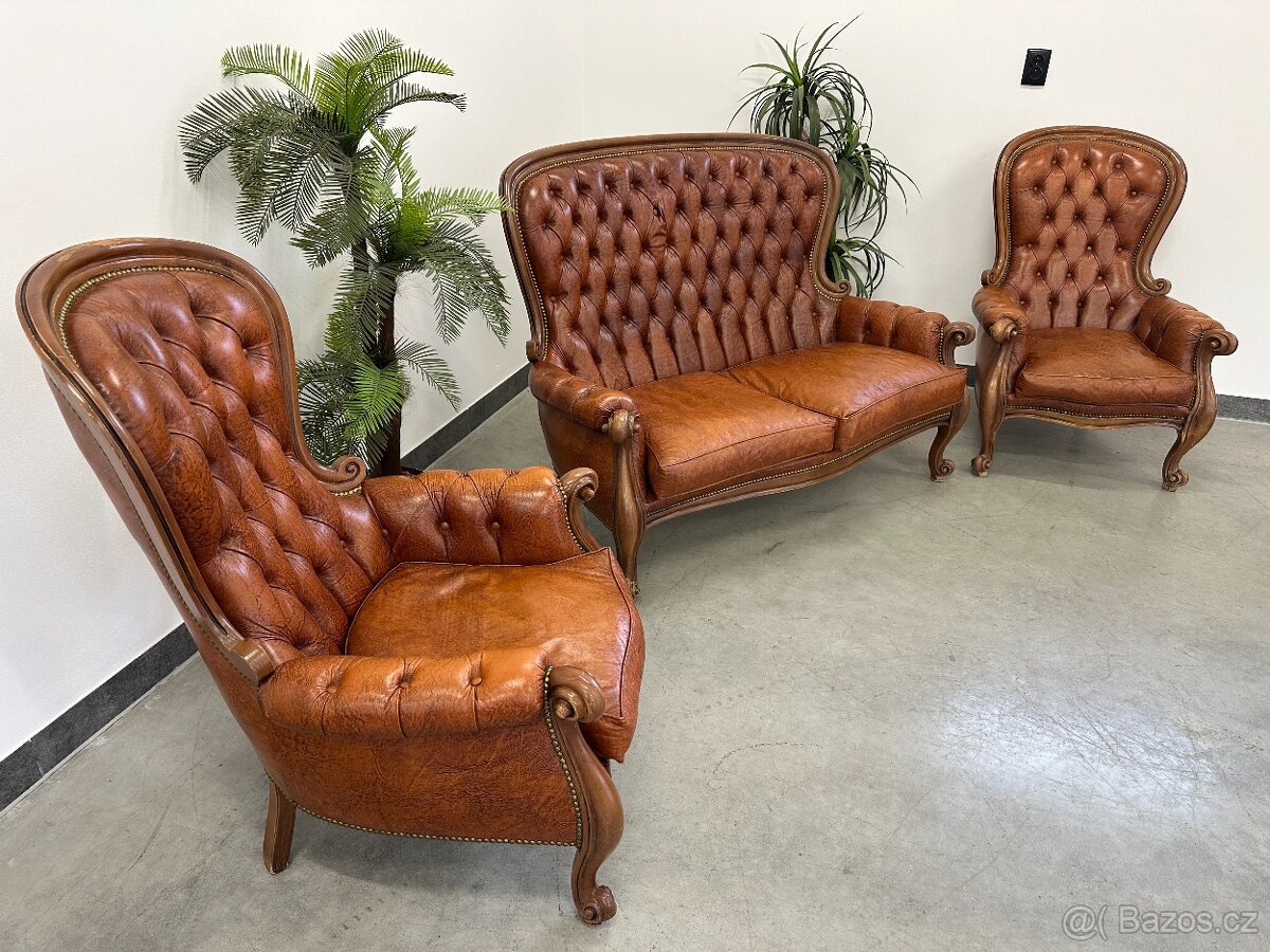 Barokní sedací souprava CHESTERFIELD 2+1+1 PRAVÁ KŮŽE