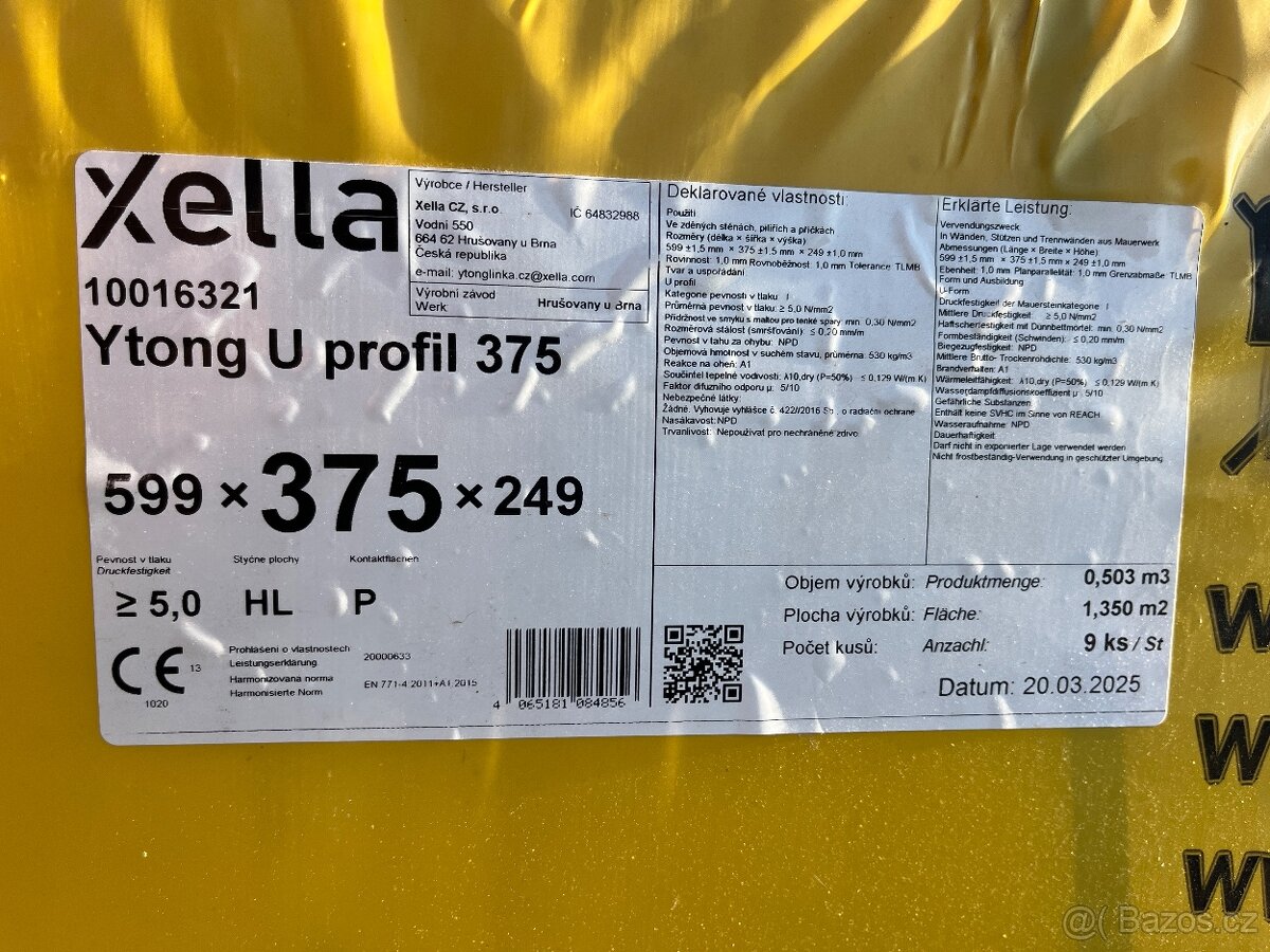 Tvárnice bednicí Ytong U 375 P4-500 375×599×249 mm