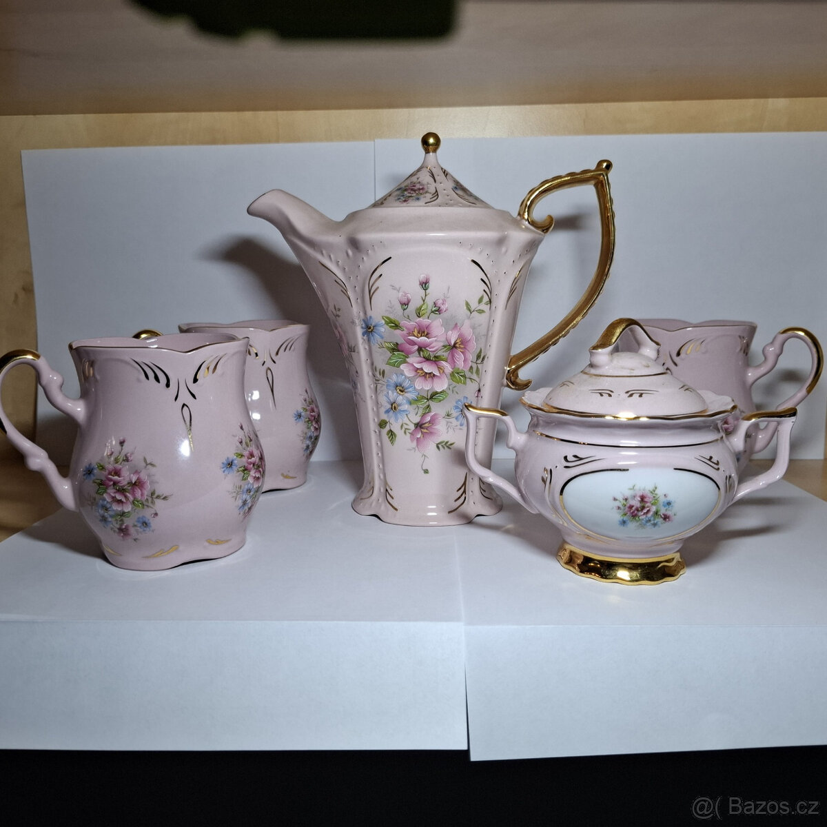 Set - konvice+3x hrnek+cukřenka z růžováho porcelánu