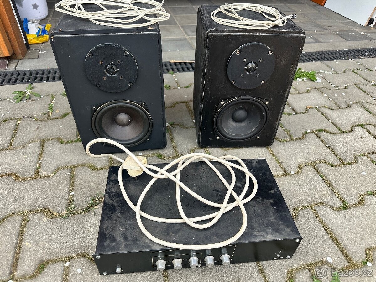 Zesilovač + 2x dřevěné reproduktory