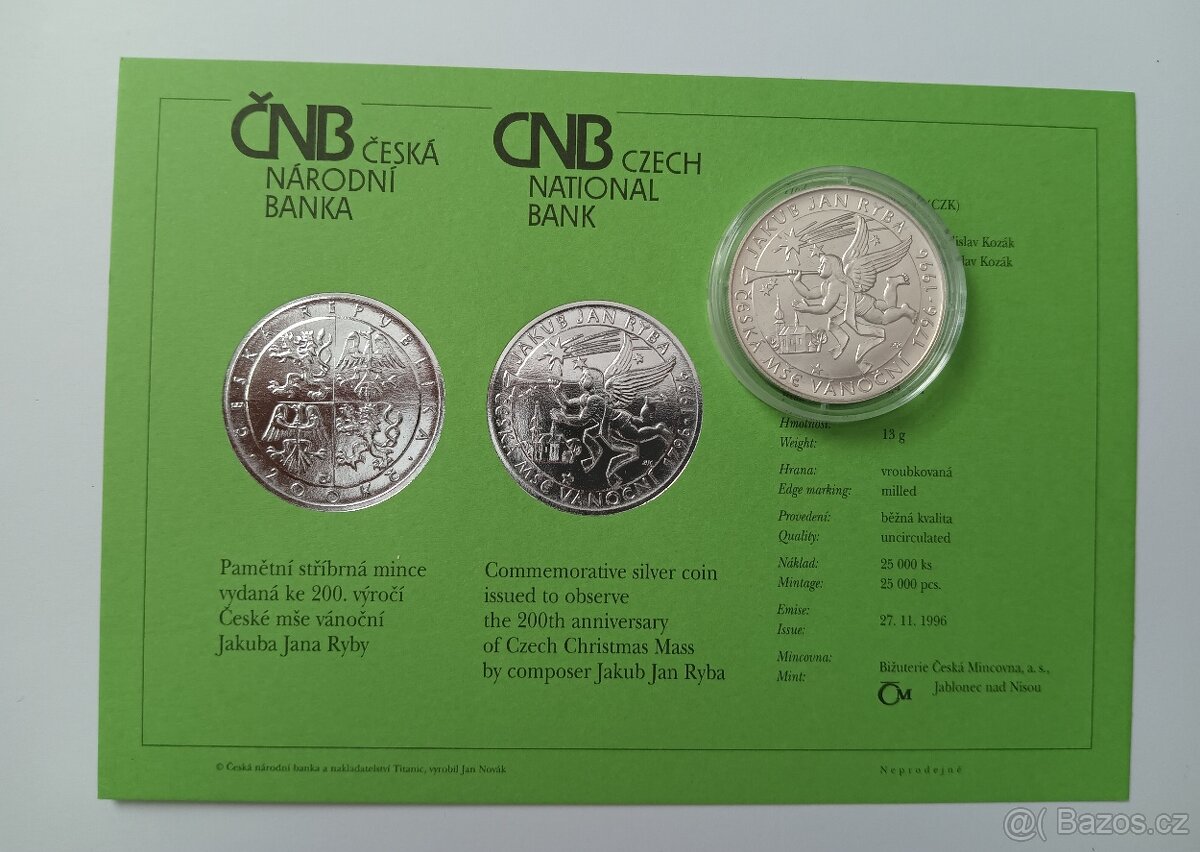 Stříbrná mince ČNB Jakub Jan Ryba bk