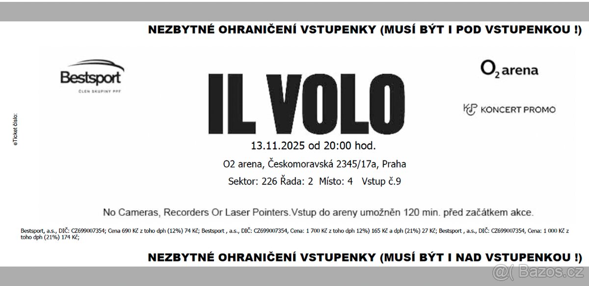 Vstupenky - Il Volo 13. 11. 2025 klubové patro VIP