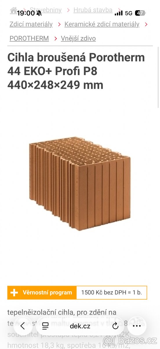 Cihla broušená Porotherm 44 EKO+ Profi P8 440×248×249 mm