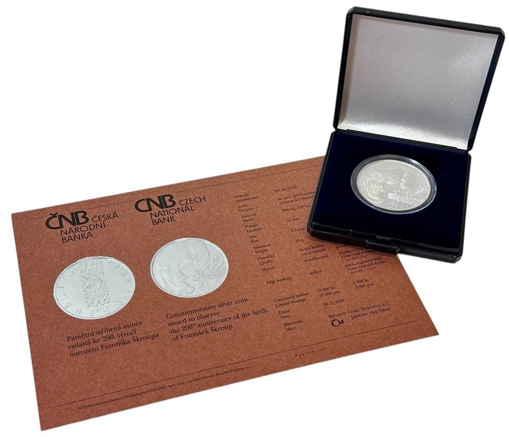 200 Kč 2001 František Škroup, etue, certifikát, Proof, ČNB
