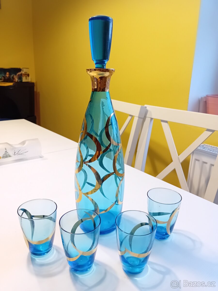 Lahev s panáky modré sklo pozlaceny