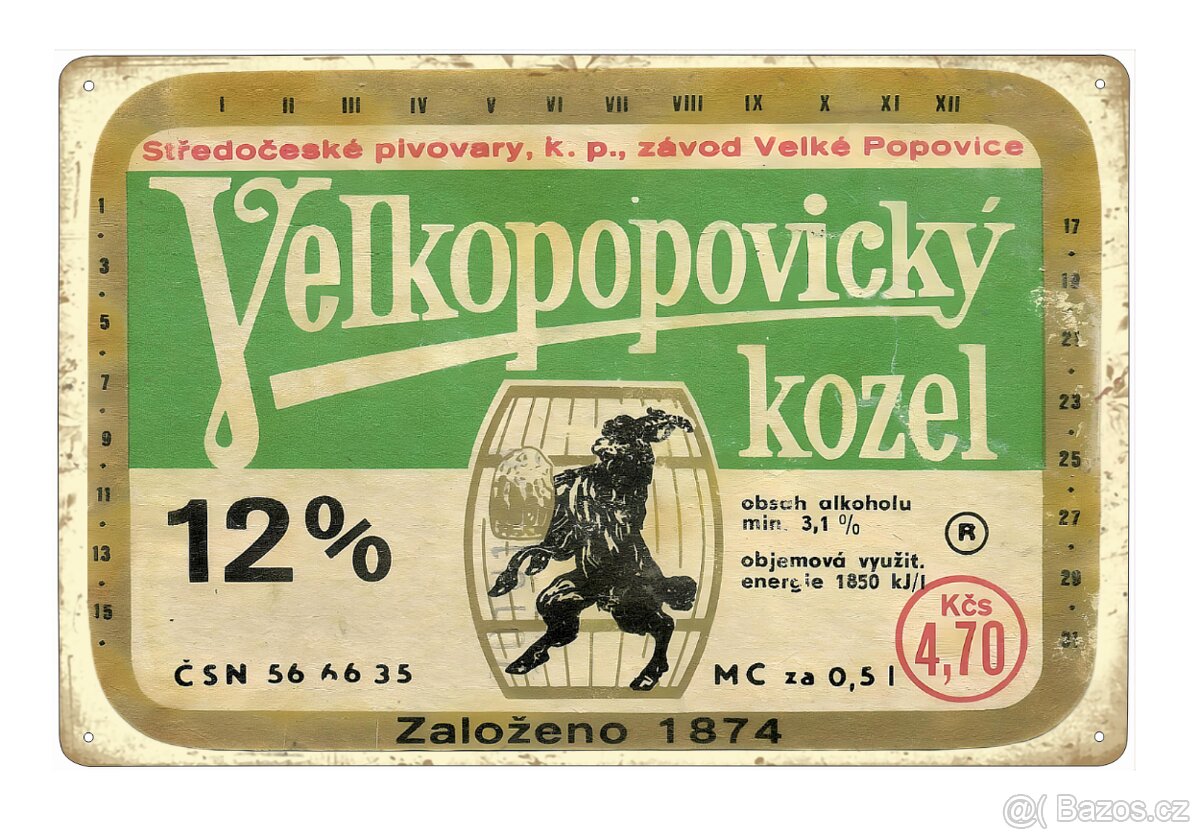 plechová cedule - Velkopopovický kozel 12° (dobová pivní eti