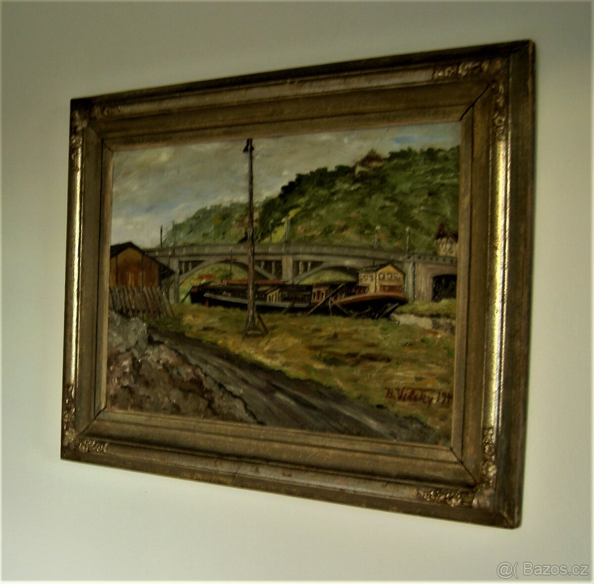 Obraz olej "Šíf" Holešovice Trojský most /Barikádníků/ 1944