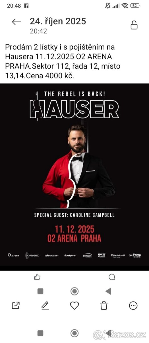 Dvě vstupenky na Hausera 11.122025 O2 ARENA PRAHA