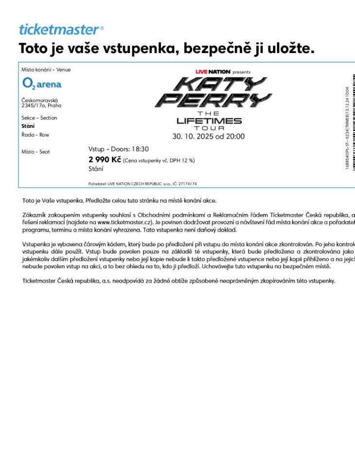 Vstupenka na koncert Katy Perry v Praze- The lifetimes tour