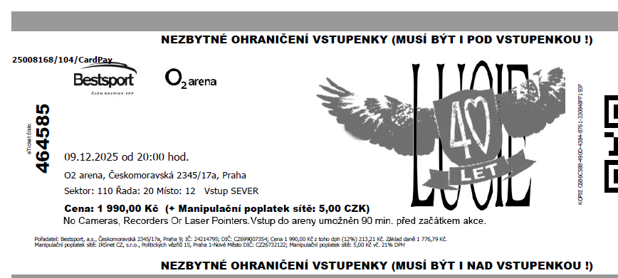Lucie 9.12. O2 arena Praha, 2 nebo 4 kusy vstupenek