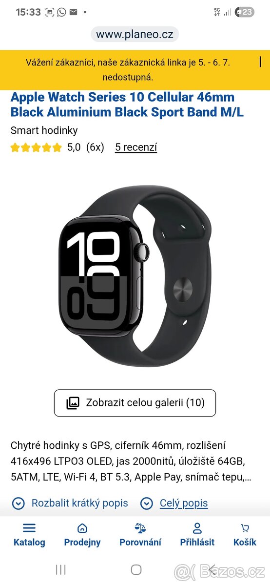Prodám hodinky Apple Watch10/46 nošené týden.