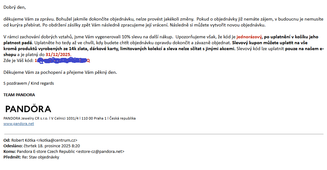 Slevový kód Pandora