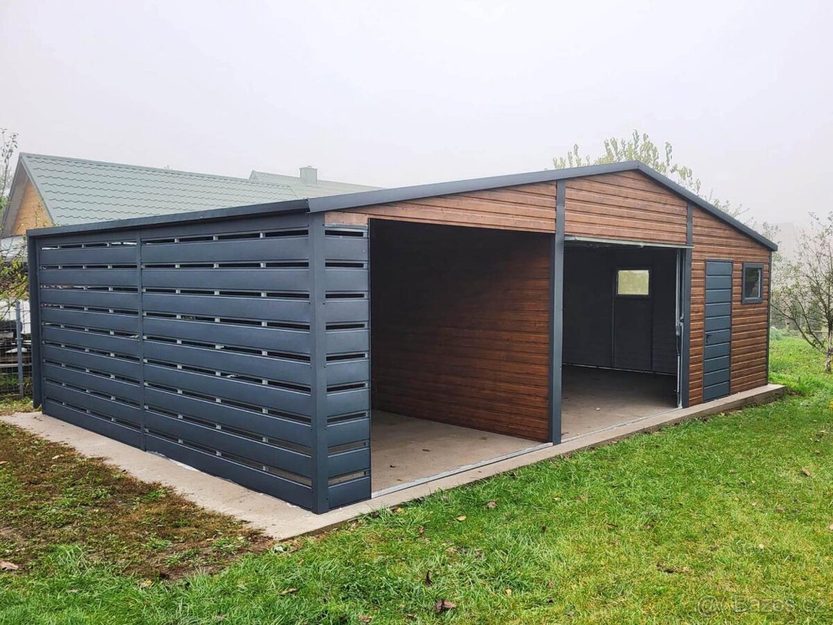 Plechová garáž 9x5 z pristreskem