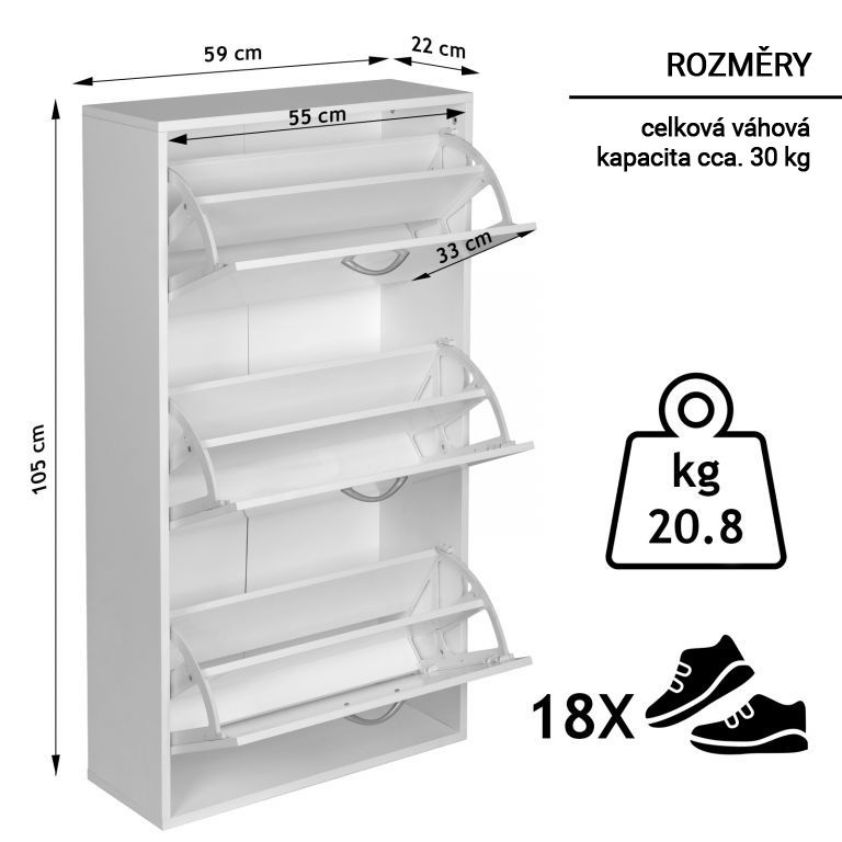 Výklopný botník, bílý, 59 x 105 x 22 cm