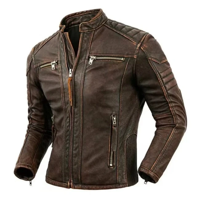 Moto Pánska Kožena Bunda Hneda
