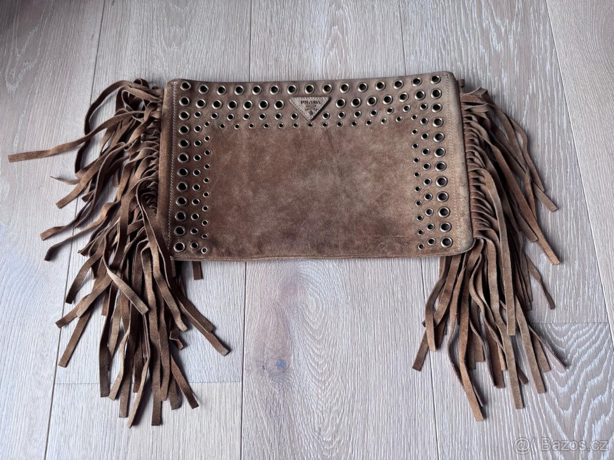 Kabelka Prada Brown Suede Fringe Clutch - Original