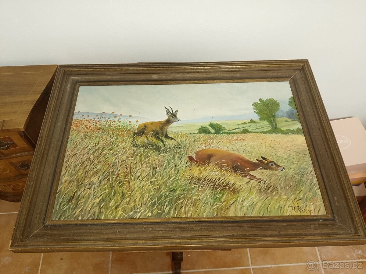 Originální olejomalba – srnčí zvěř v krajině, signováno H. K