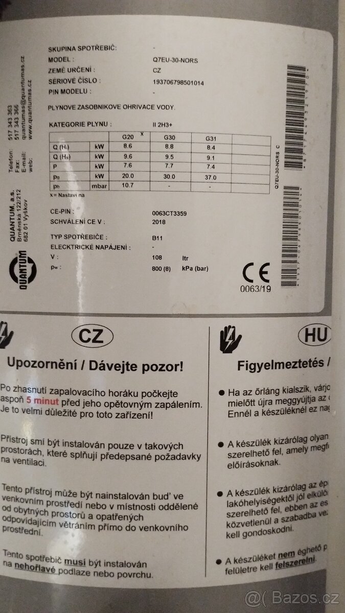 Plynový ohřívač vody