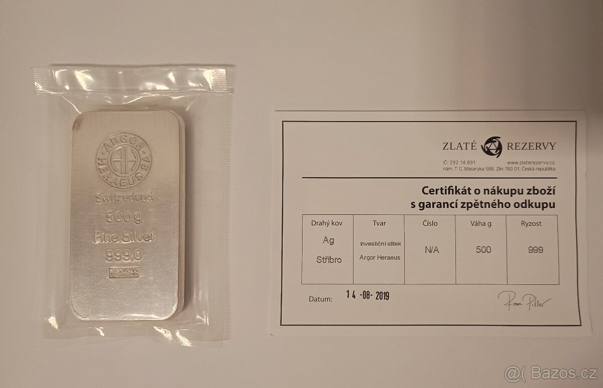 Stříbrný slitek Argor Heraeus 500 g