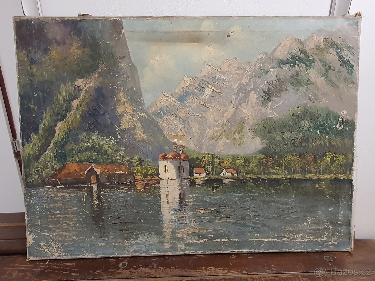 starožitný obraz Kostel u jezera