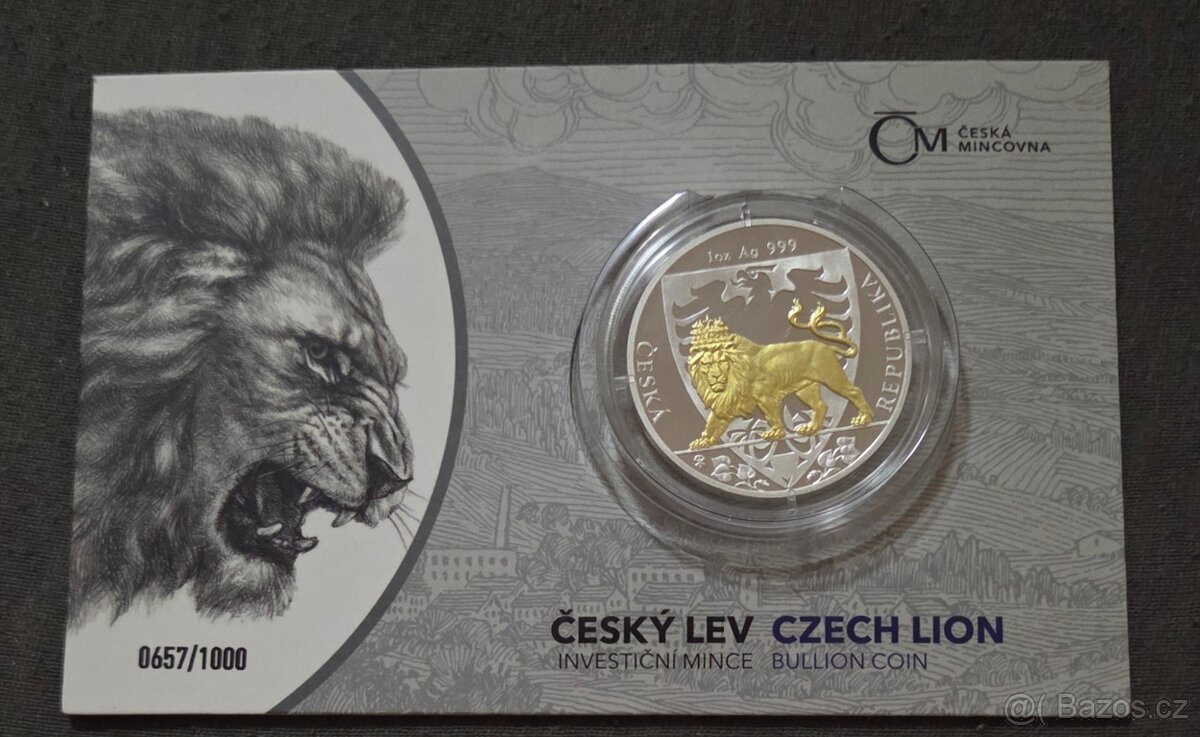 Stříbrná mince Český lev 2019 číslovaná selektivní pozlacení