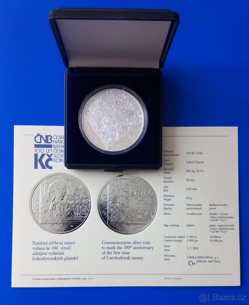 500 Kč 2019 - Zahájení vydávání československých platidel