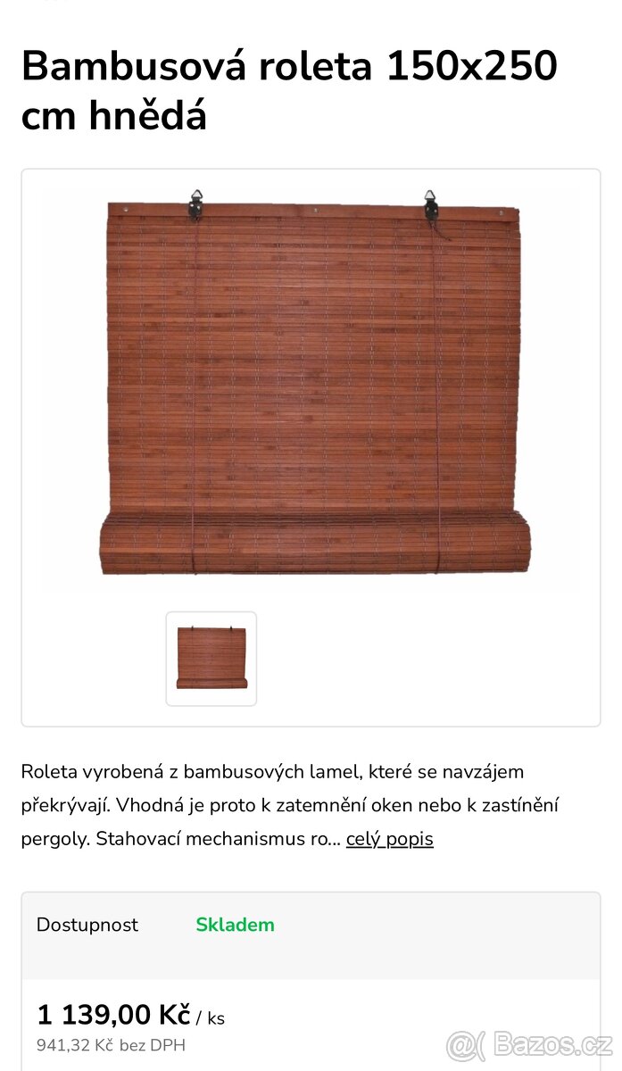 2 BAMBUSOVÉ ROLETY HNĚDÉ 250x150 ZA 800