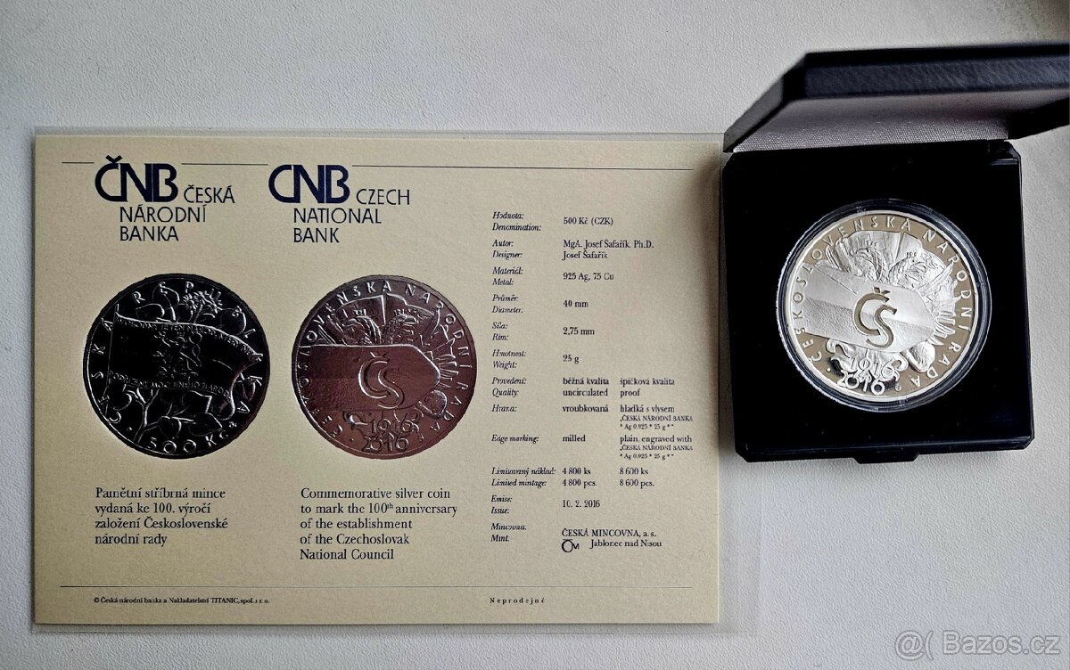 Mince ČNB 500Kč 100. výročí založení ČS národní rady
