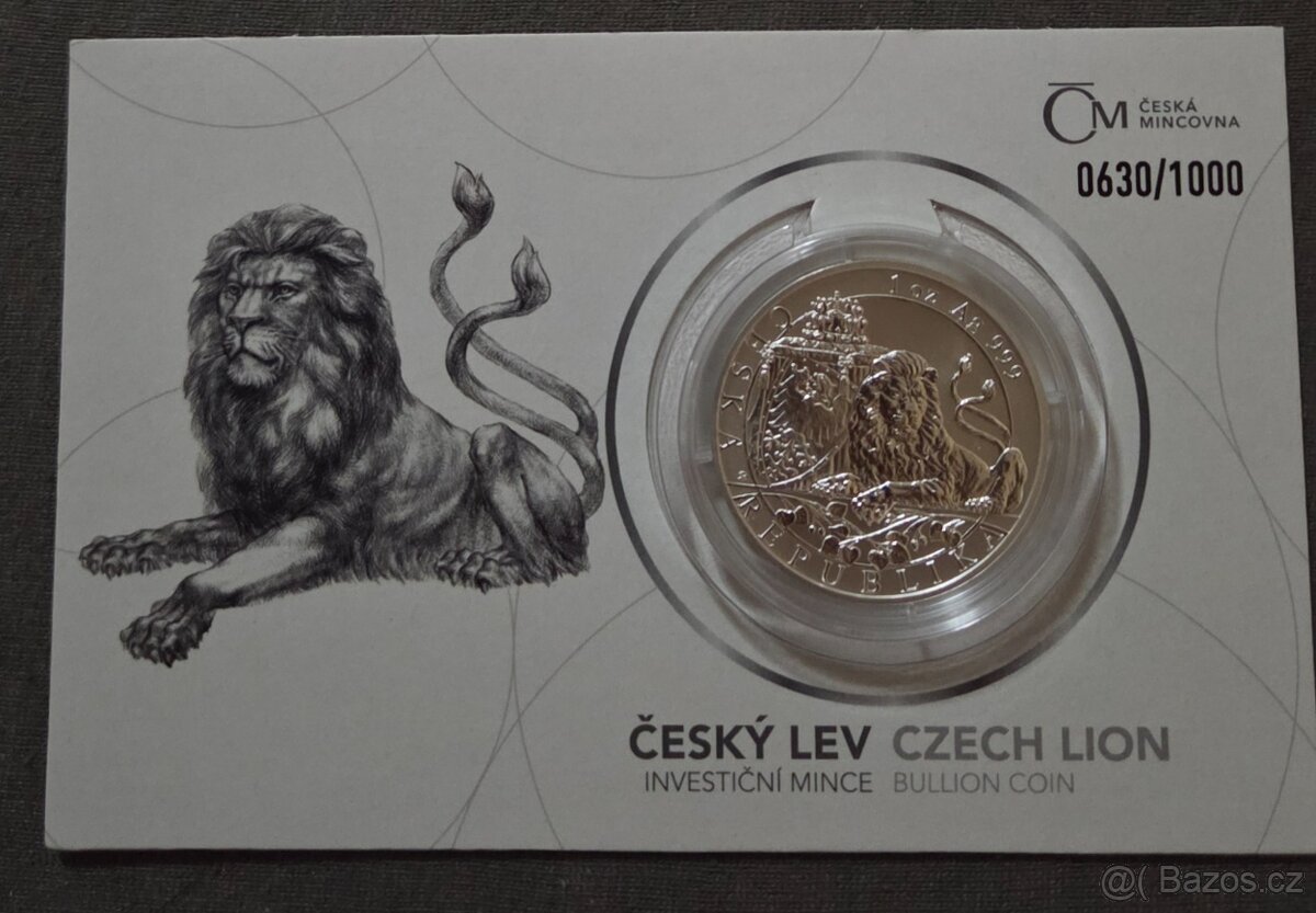 Stříbrná mince Český lev 2019 číslovaná, reverse proof