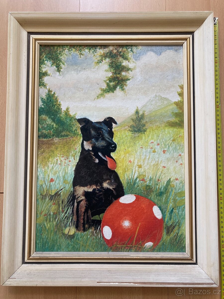 Olejomalba – Štěně s míčem v květinové louce