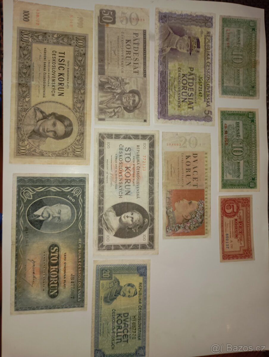 BANKOVKY 50. LÉTA, 5-1000 KČS, 10 RŮZNÝCH NOMINÁLŮ, NEPERFOR