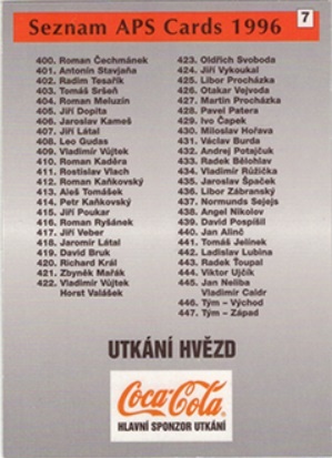 Karta Seznam APS Cards 1996 Seznam karet číslo 7