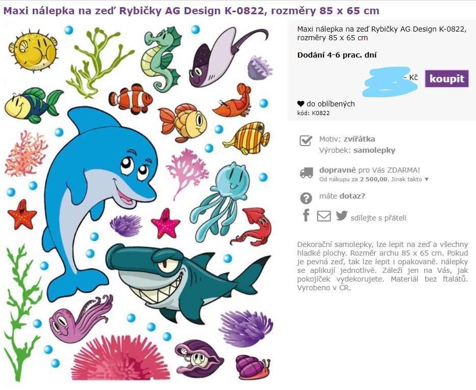 Dětská samolepka na zeď K 0822, Delfín, AG Design,