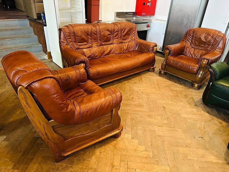 557 Rustikální kožená sedací souprava sedačka 3+1+1 masiv