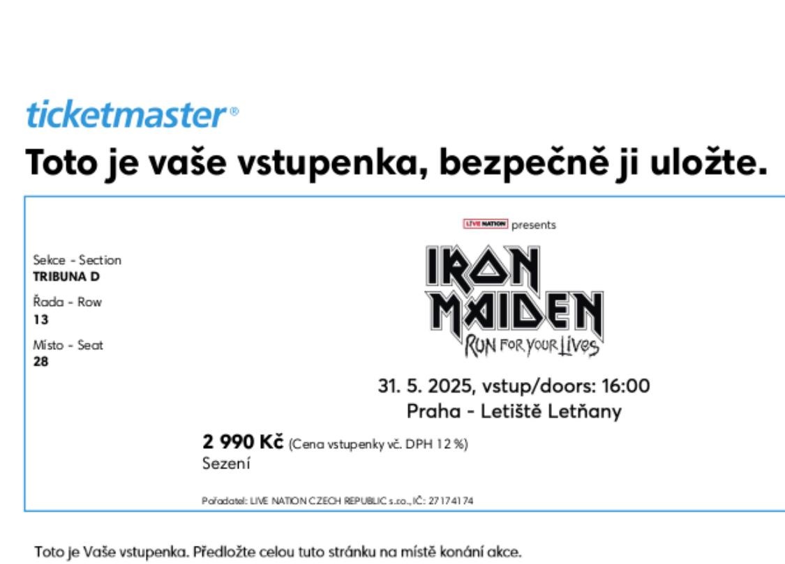 Vstupenka na iron maiden